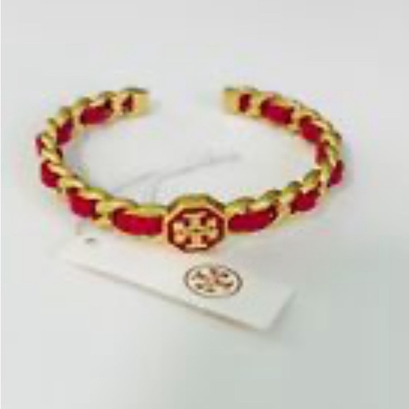 Tory Burch 18 K gold plated brass / nickel free Gorgeous Red Woven leather chain - Picture 2 of 9
